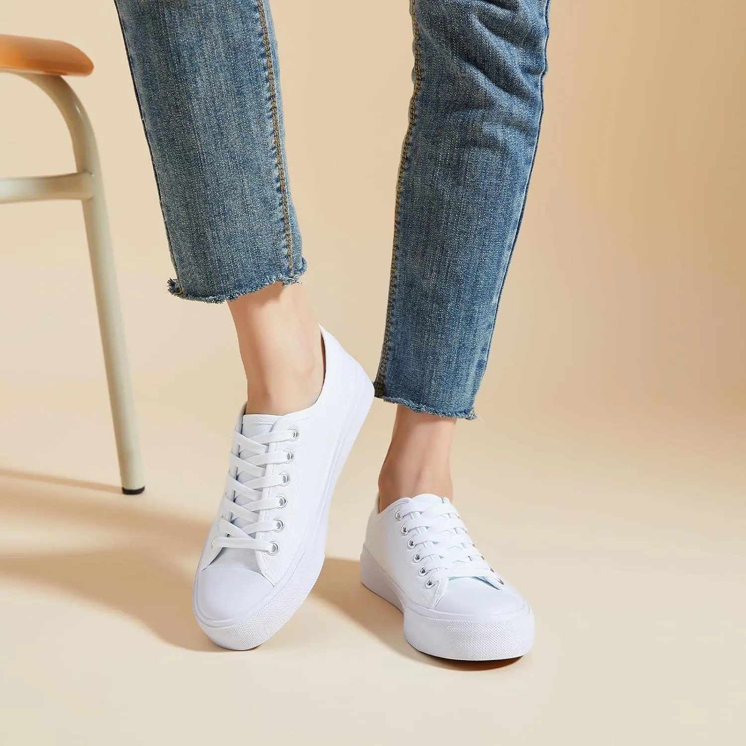 Uoidru White Tennis Canvas Shoes for Women Black Canvas Sneakers Womens Fashion Sneakers Classic Lace Up Walking Shoes