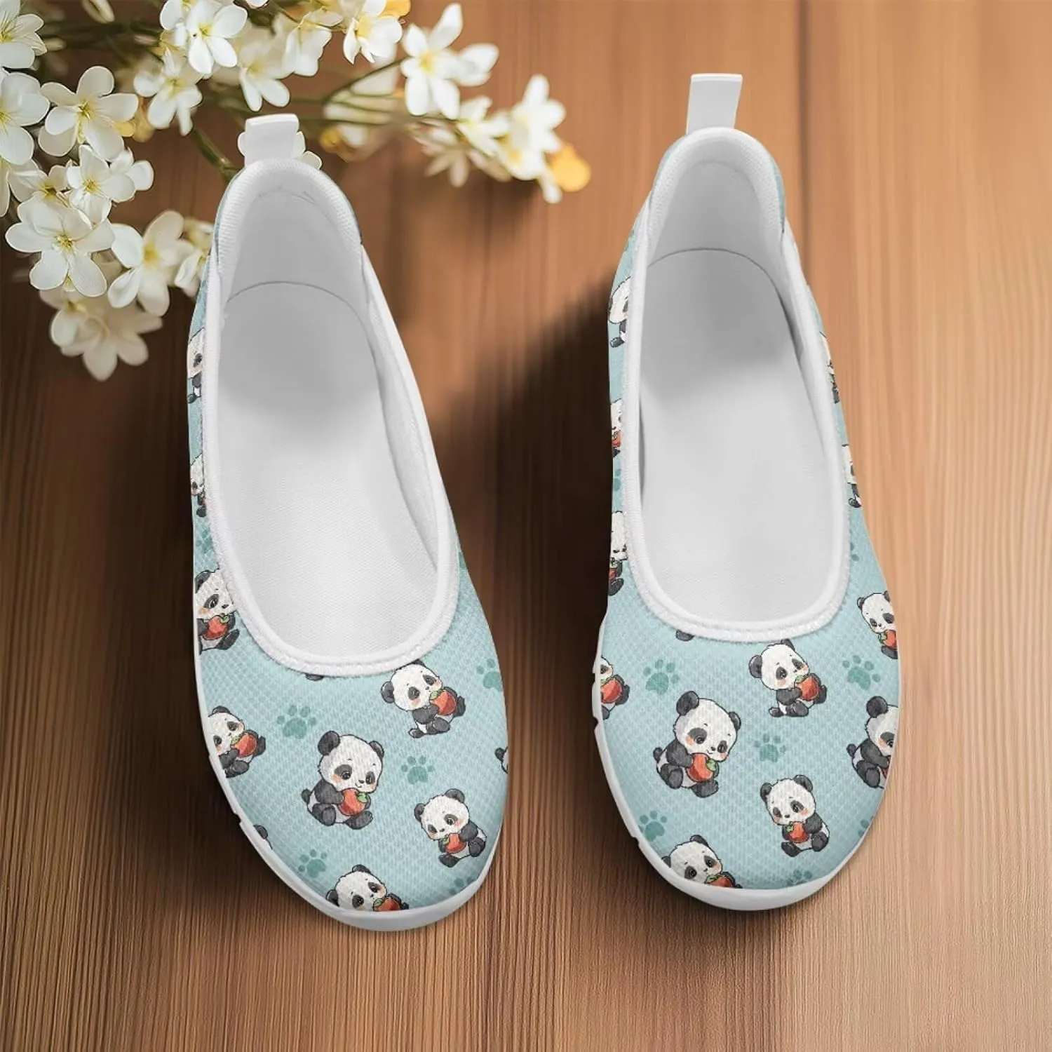 Various Creative Panda Print Womens Flats Comfortable Dressy Slip On Ballet Shoes Lightweight Stylish Mesh Casual Sneakers Daily Wear