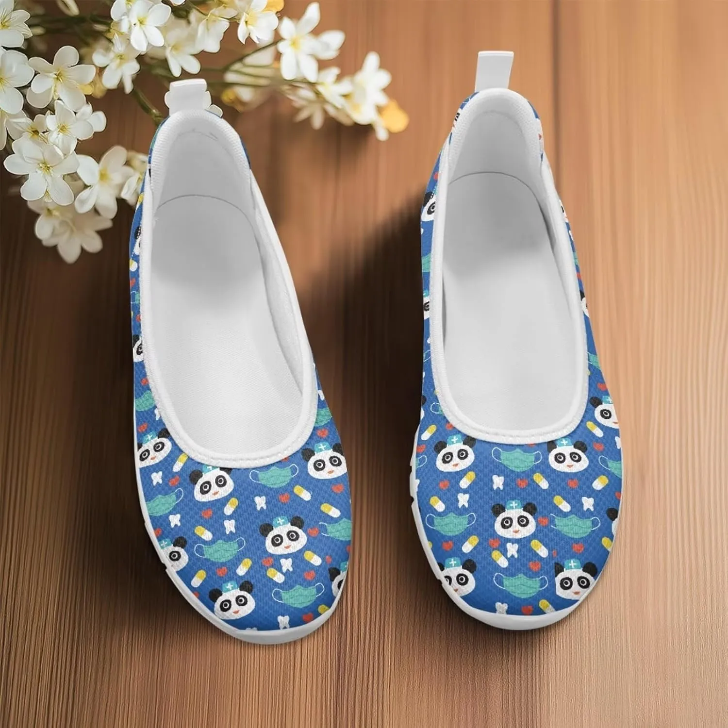 Various Creative Panda Print Womens Flats Comfortable Dressy Slip On Ballet Shoes Lightweight Stylish Mesh Casual Sneakers Daily Wear