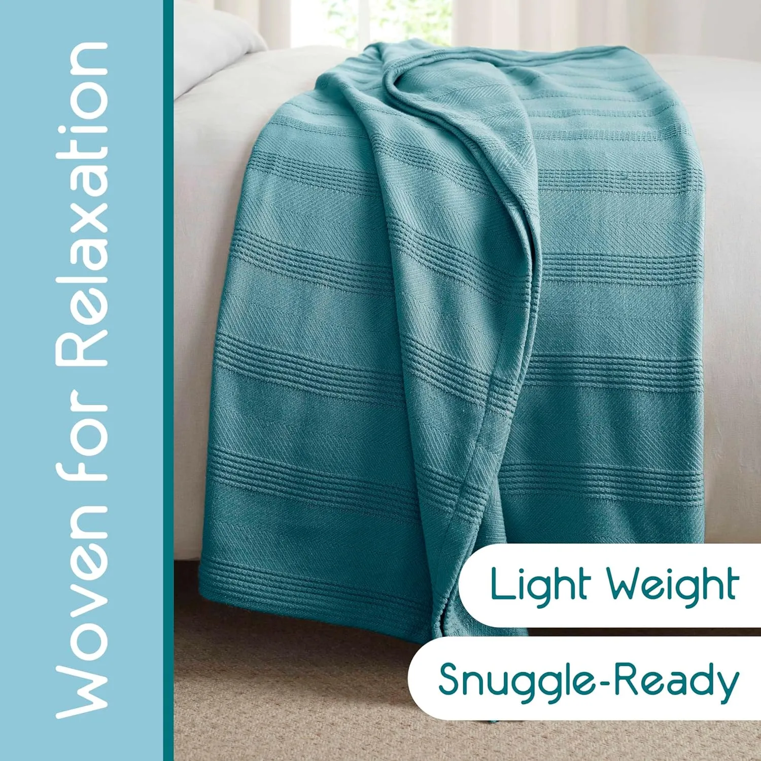 Vellux 100% Cotton Queen Size All-Season Knit Blanket | Super Soft Breathable Lightweight Throw Blanket | Blue