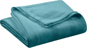 Vellux 100% Cotton Queen Size All-Season Knit Blanket | Super Soft Breathable Lightweight Throw Blanket | Blue