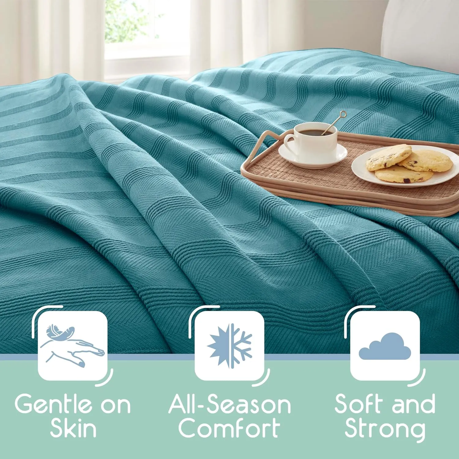 Vellux 100% Cotton Queen Size All-Season Knit Blanket | Super Soft Breathable Lightweight Throw Blanket | Blue
