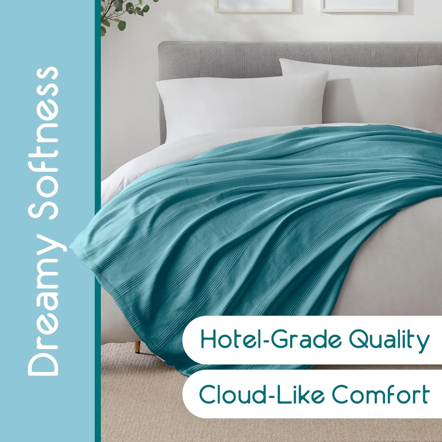 Vellux 100% Cotton Queen Size All-Season Knit Blanket | Super Soft Breathable Lightweight Throw Blanket | Blue