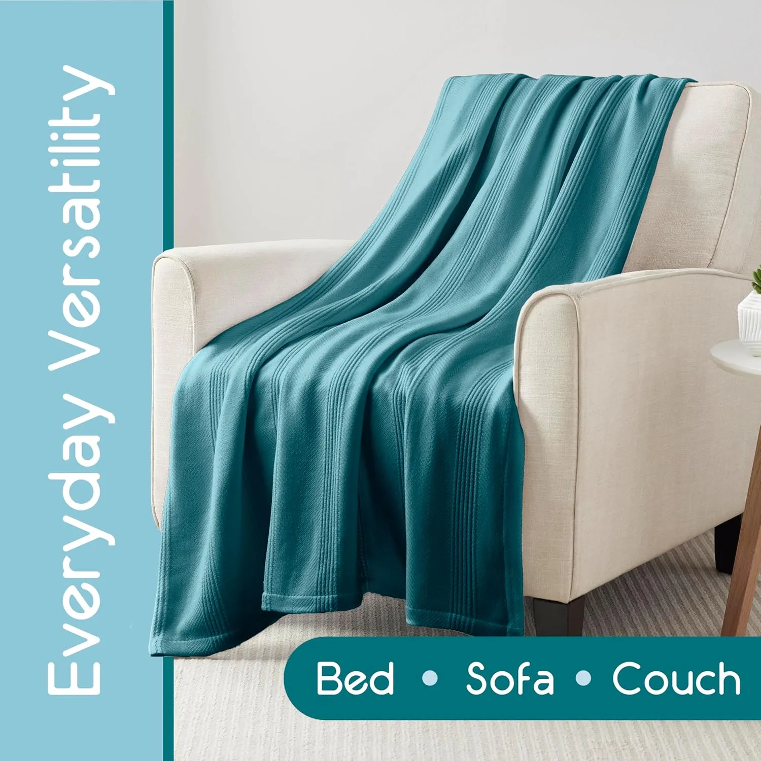 Vellux 100% Cotton Queen Size All-Season Knit Blanket | Super Soft Breathable Lightweight Throw Blanket | Blue