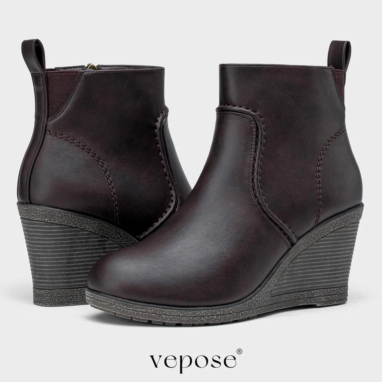 Vepose Women's 9679 Low Wedge Boots, Comfortable Ankle Booties with Inside Zipper