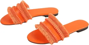 Verdusa Women's Fringe Straw Flat Slipper Boho Sandals Open Toe Beach Slides Orange 7.5