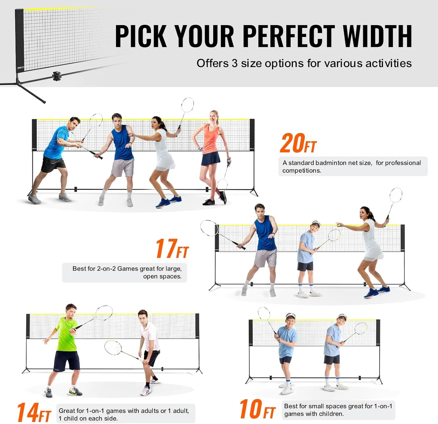 VEVOR Badminton Net, Height Adjustable Volleyball Net, Wide Foldable Pickleball Net, Portable Easy Setup Tennis Net Set with Poles, Stand and Carry Bag, for Kids Backyard Game Indoor Outdoor Use