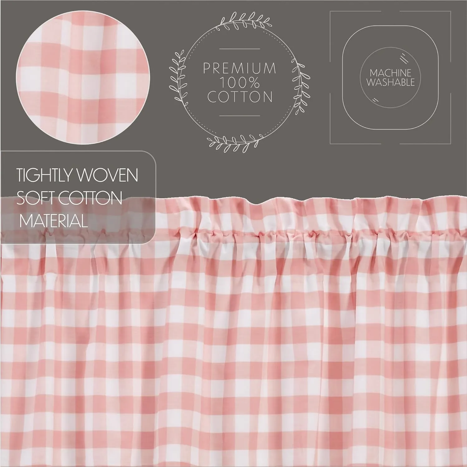 VHC Brands Annie Buffalo Check Farmhouse 16"x60" Valance Pink Rod Pocket Cotton Kitchen Window Curtains