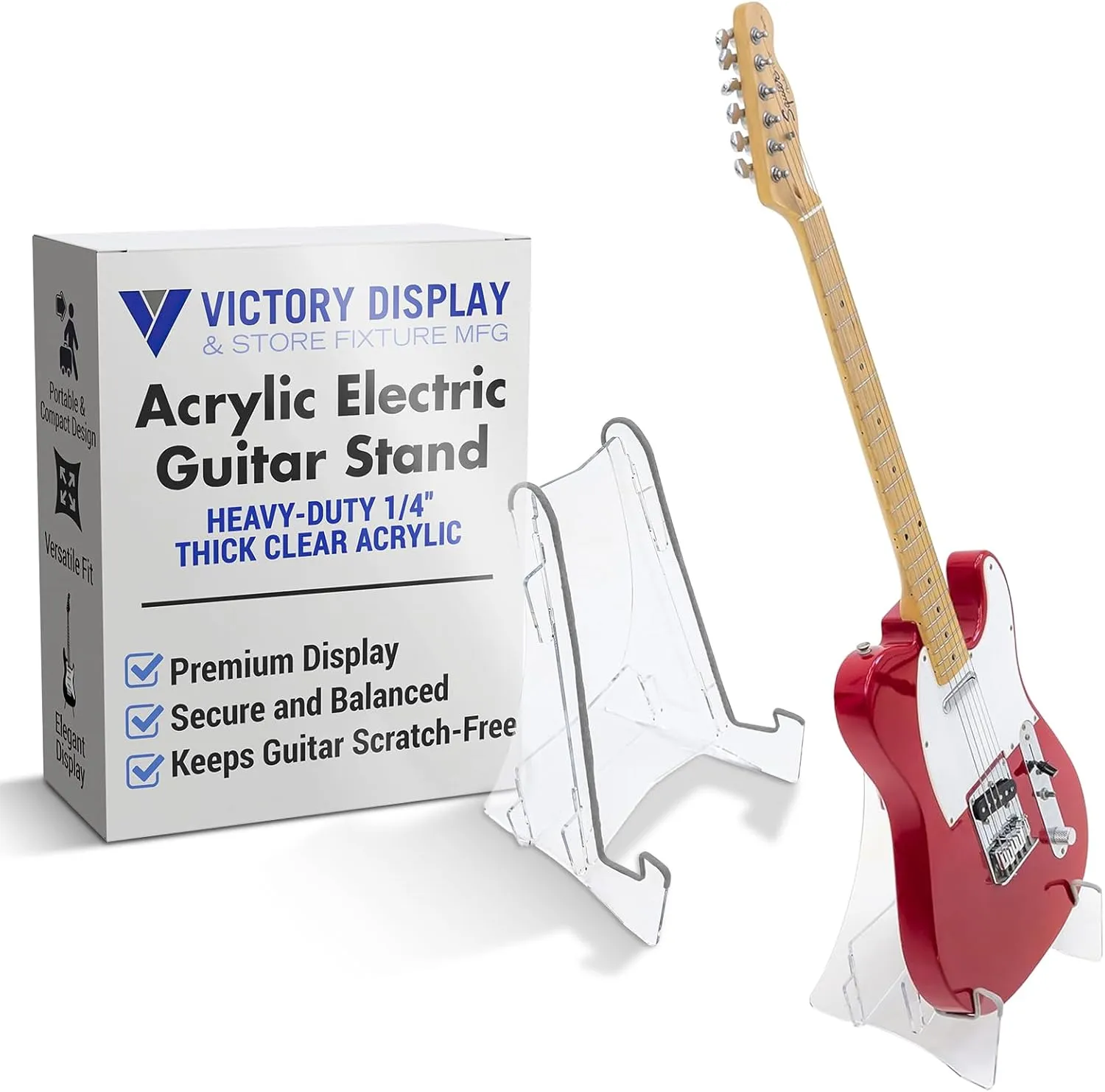 VICTORY DISPLAY & STORE FIXTURE MFG Heavy Duty 1/4 inch Thick Clear Acrylic Folding Electric Guitar Stand for Electric and Bass Electric Guitars
