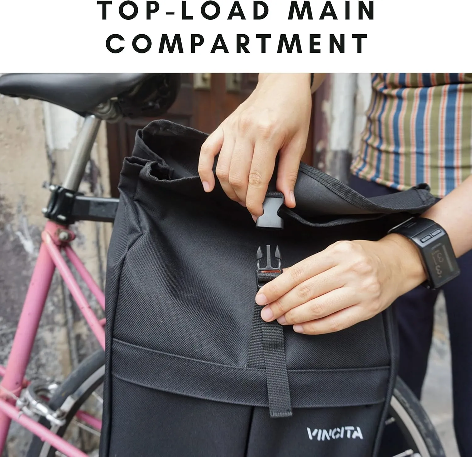 Vincita New Top Load Double Pannier Water Resistant Cycling Side Bags - 12 L with Rain Cover, Large, Carrying Handle, Reflective Spots - Bike Rack Carrier Saddle Bag - Bicycle Accessories (Pink Camo)
