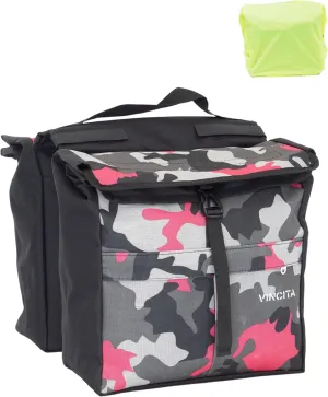 Vincita New Top Load Double Pannier Water Resistant Cycling Side Bags - 12 L with Rain Cover, Large, Carrying Handle, Reflective Spots - Bike Rack Carrier Saddle Bag - Bicycle Accessories (Pink Camo)