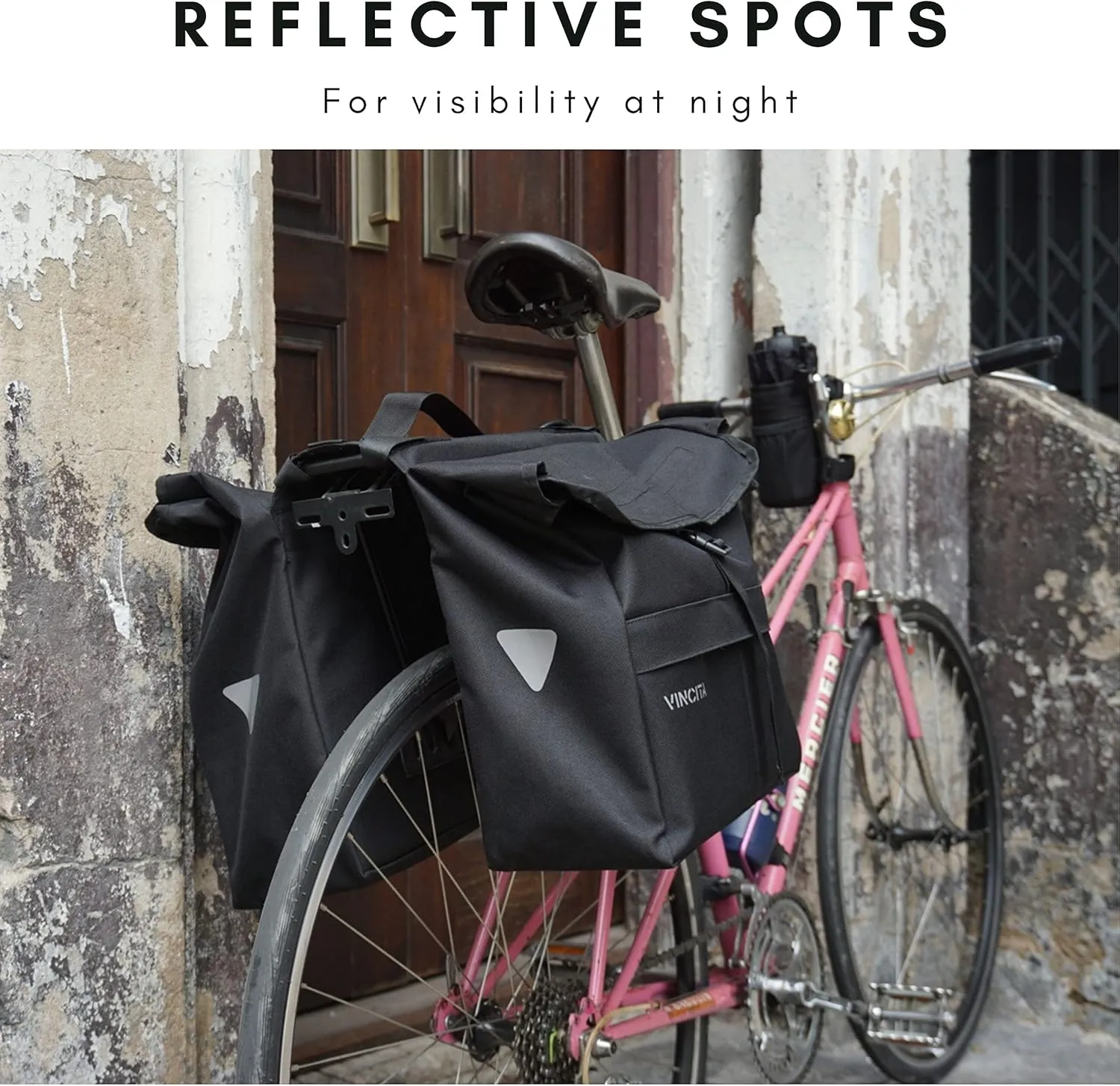 Vincita New Top Load Double Pannier Water Resistant Cycling Side Bags - 12 L with Rain Cover, Large, Carrying Handle, Reflective Spots - Bike Rack Carrier Saddle Bag - Bicycle Accessories (Pink Camo)
