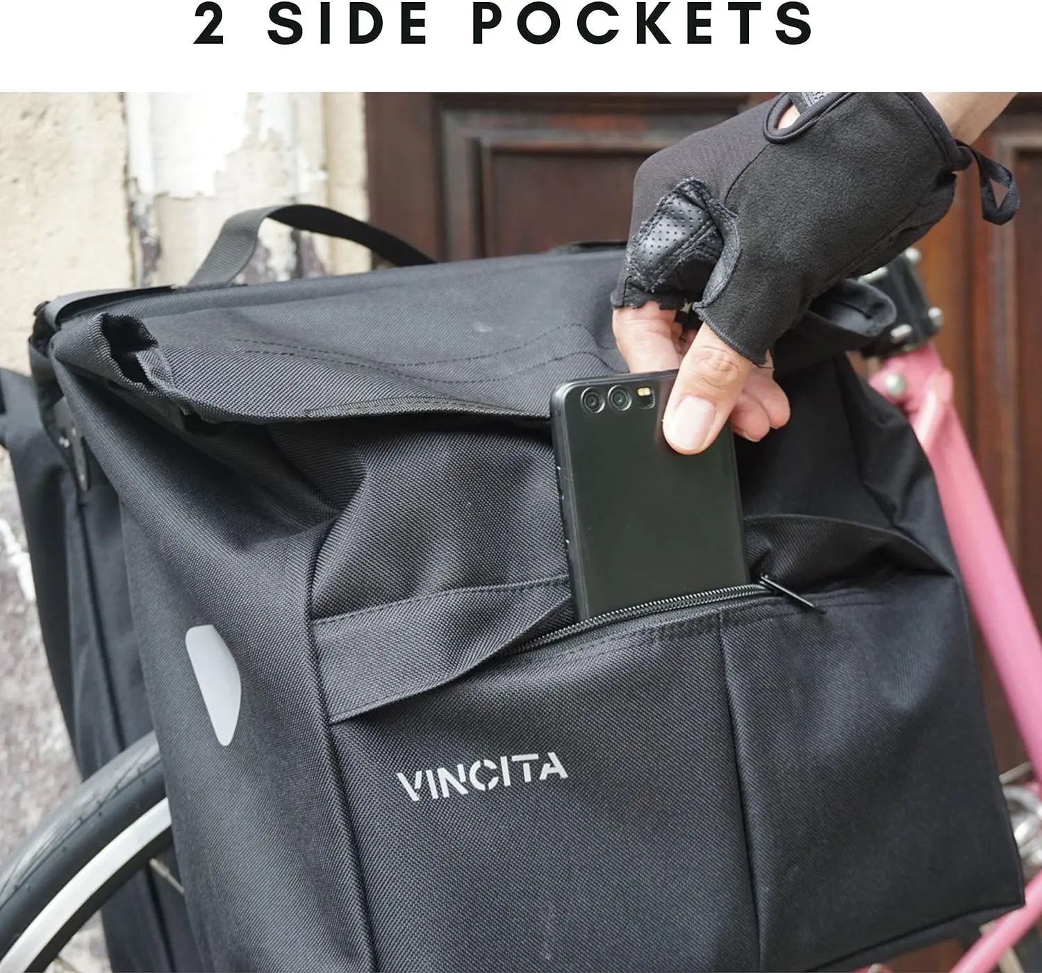 Vincita New Top Load Double Pannier Water Resistant Cycling Side Bags - 12 L with Rain Cover, Large, Carrying Handle, Reflective Spots - Bike Rack Carrier Saddle Bag - Bicycle Accessories (Pink Camo)
