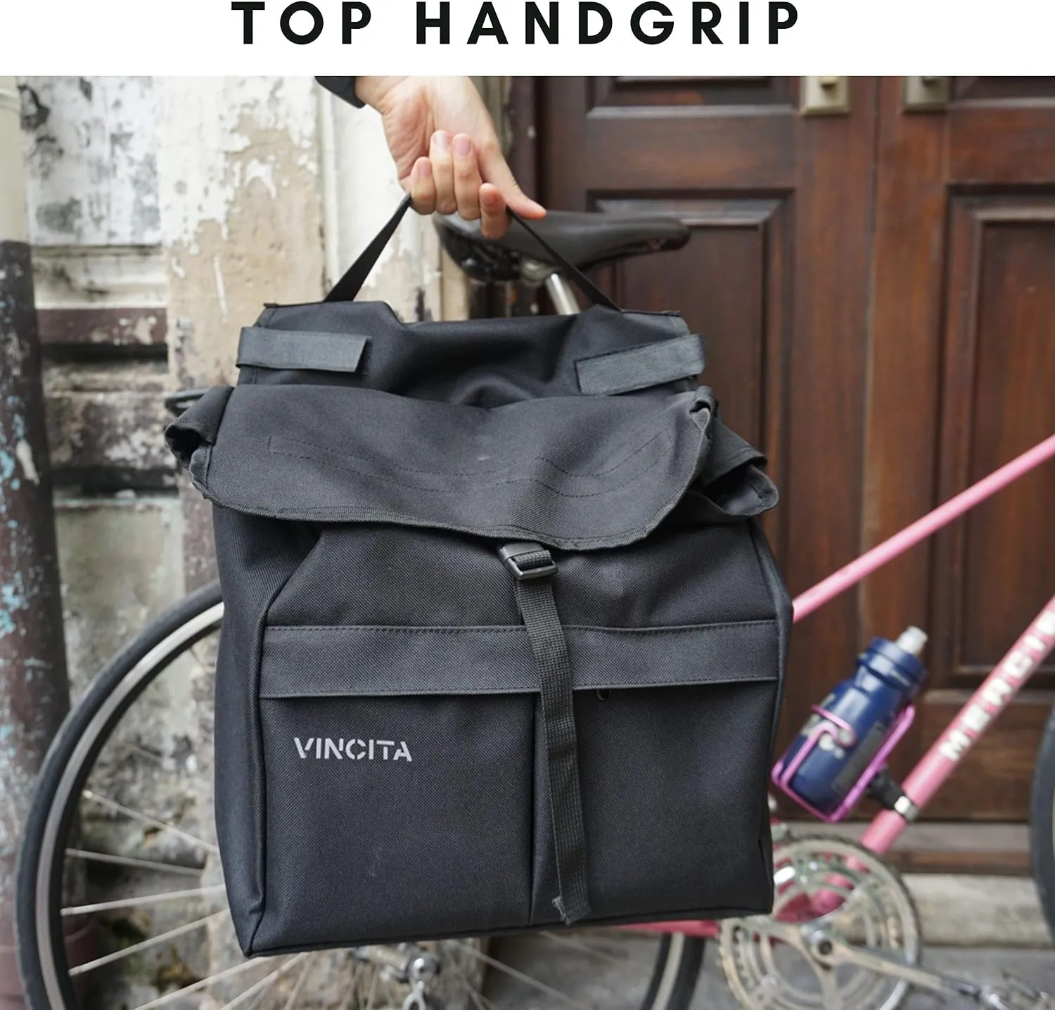 Vincita New Top Load Double Pannier Water Resistant Cycling Side Bags - 12 L with Rain Cover, Large, Carrying Handle, Reflective Spots - Bike Rack Carrier Saddle Bag - Bicycle Accessories (Pink Camo)