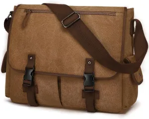 Vintage Canvas Laptop Messenger Bag 15-15.6 Inch Computer Satchel Shoulder Bag for Men Women, College Travel Office Work Briefcases, Brown