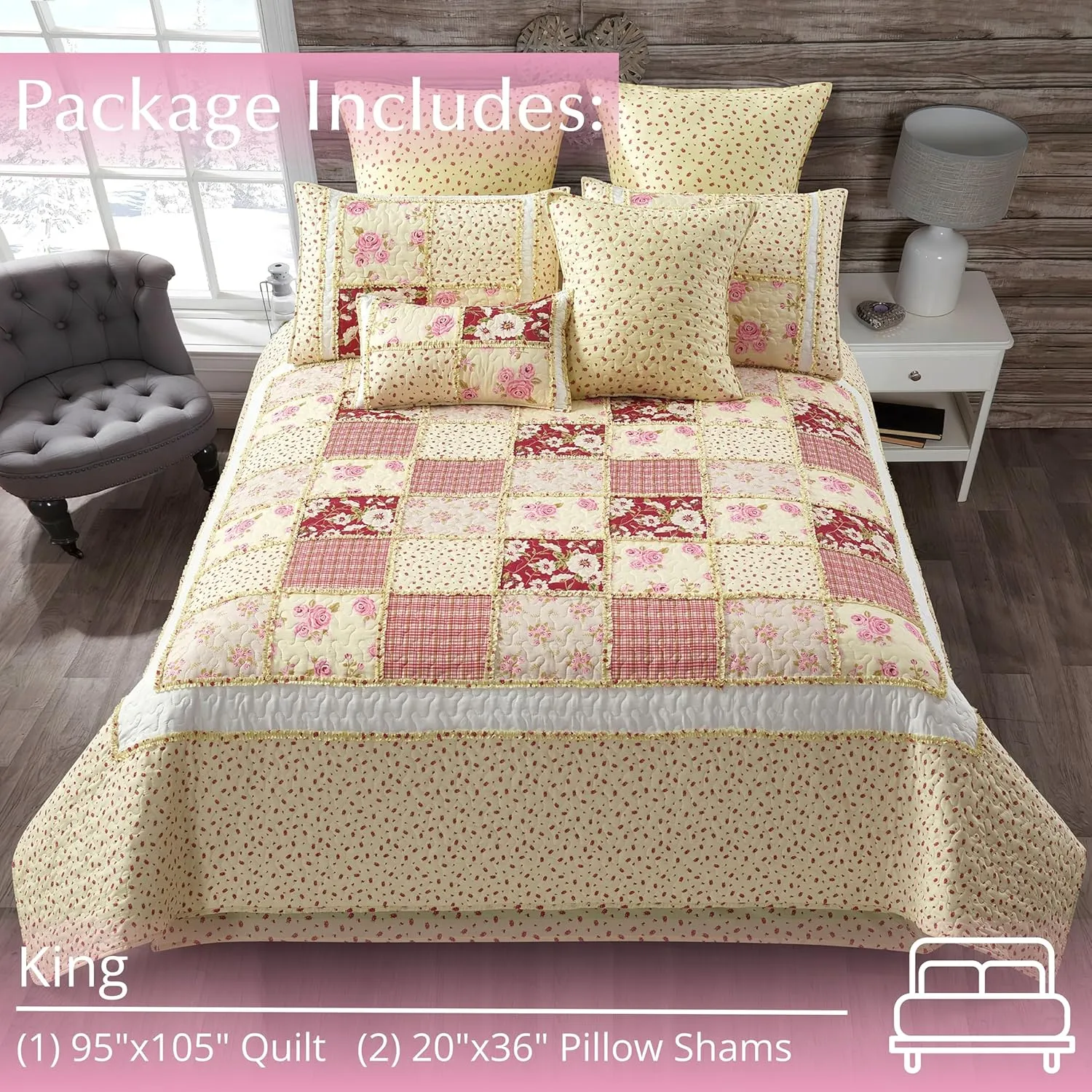 VIRAH BELLA 3 Piece King Lodge Quilt Bedding Set - Rustic Country Reversible Comforter Set with Decorative Pillow Shams - Kensington Floral