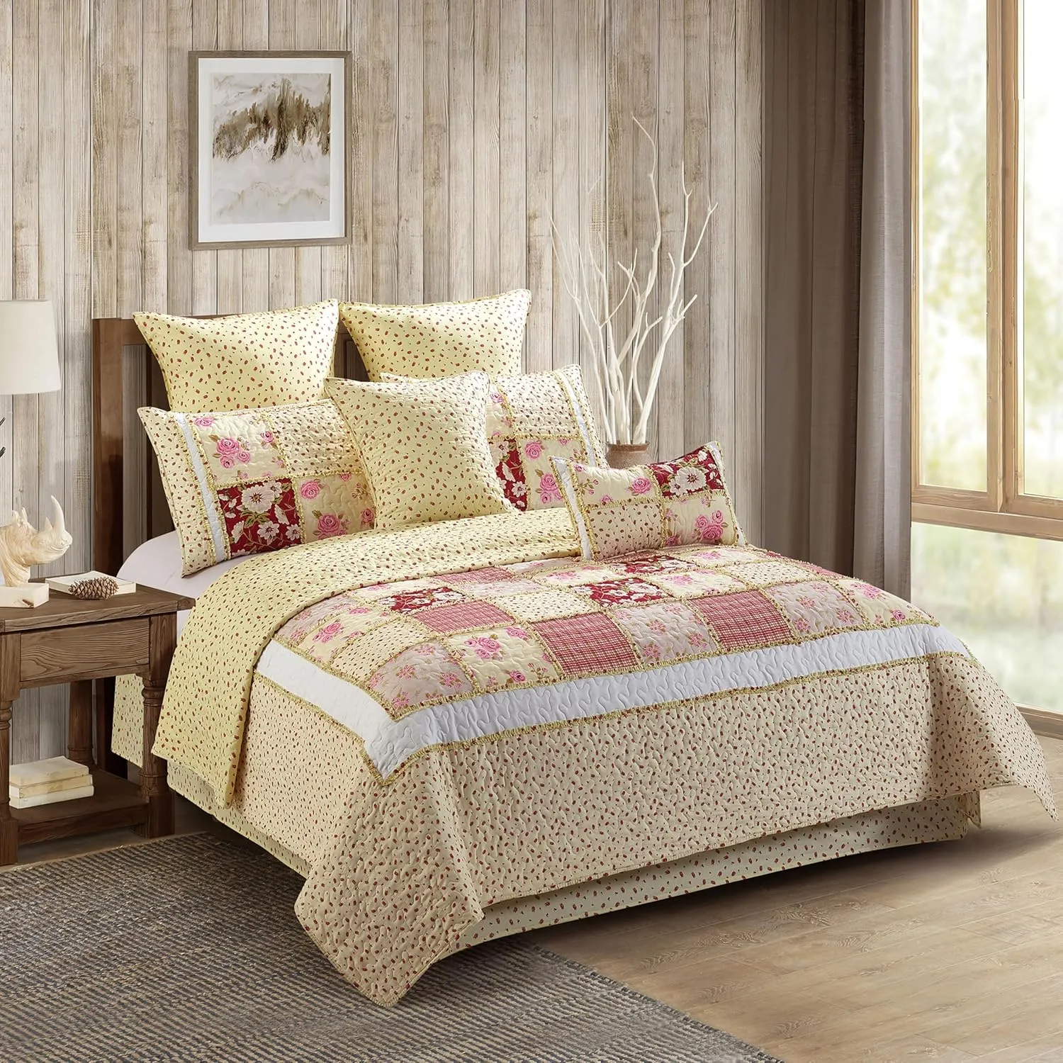 VIRAH BELLA 3 Piece King Lodge Quilt Bedding Set - Rustic Country Reversible Comforter Set with Decorative Pillow Shams - Kensington Floral