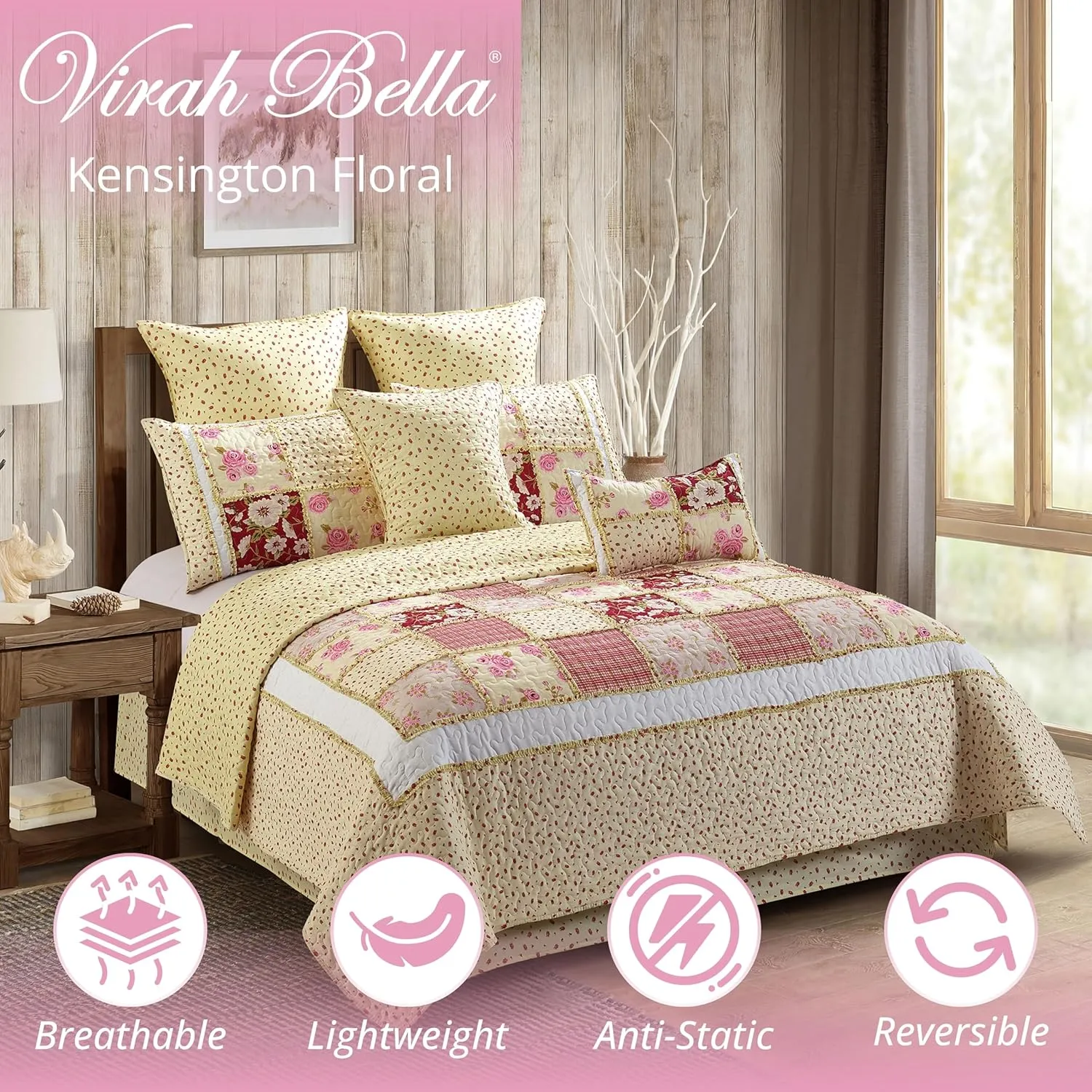 VIRAH BELLA 3 Piece King Lodge Quilt Bedding Set - Rustic Country Reversible Comforter Set with Decorative Pillow Shams - Kensington Floral