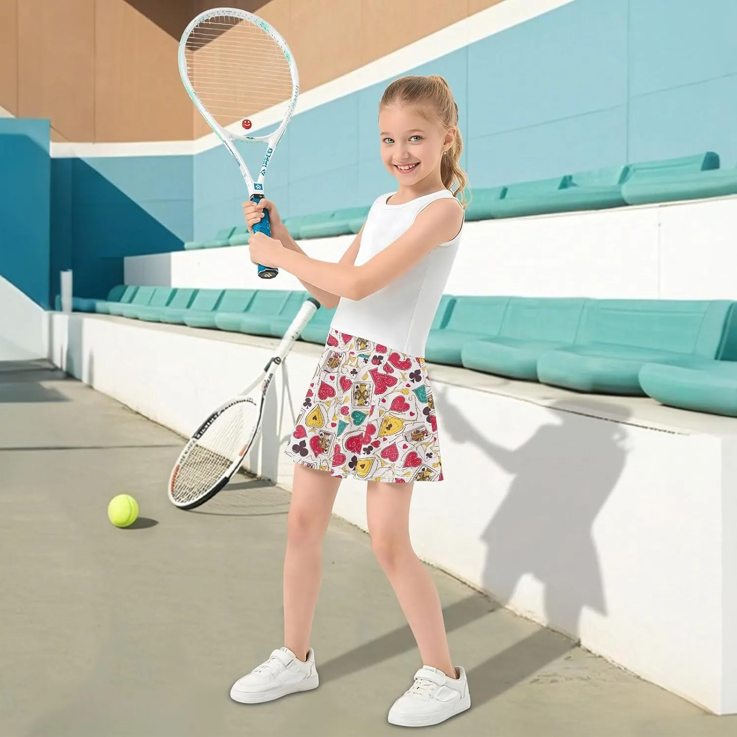 visesunny Girl's Golf Skirt Athletic Abstract Poker Heart Tennis Skort Sport Activewear with Double Layer Pockets
