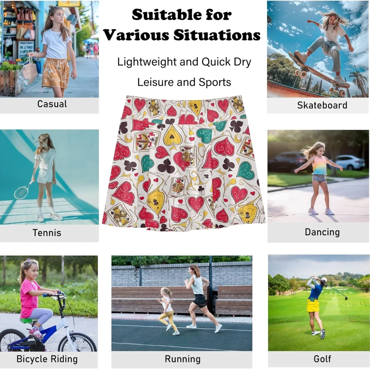 visesunny Girl's Golf Skirt Athletic Abstract Poker Heart Tennis Skort Sport Activewear with Double Layer Pockets