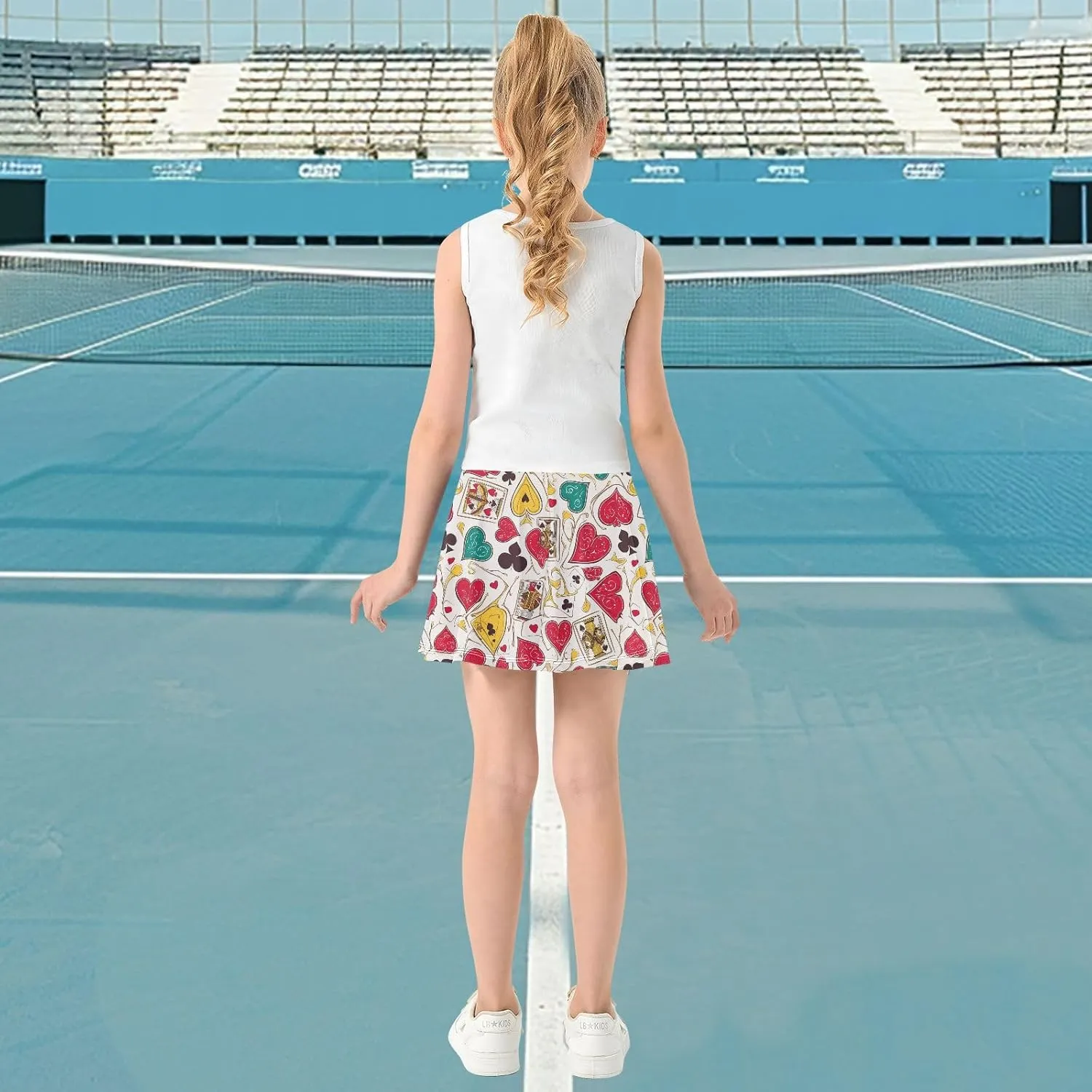 visesunny Girl's Golf Skirt Athletic Abstract Poker Heart Tennis Skort Sport Activewear with Double Layer Pockets