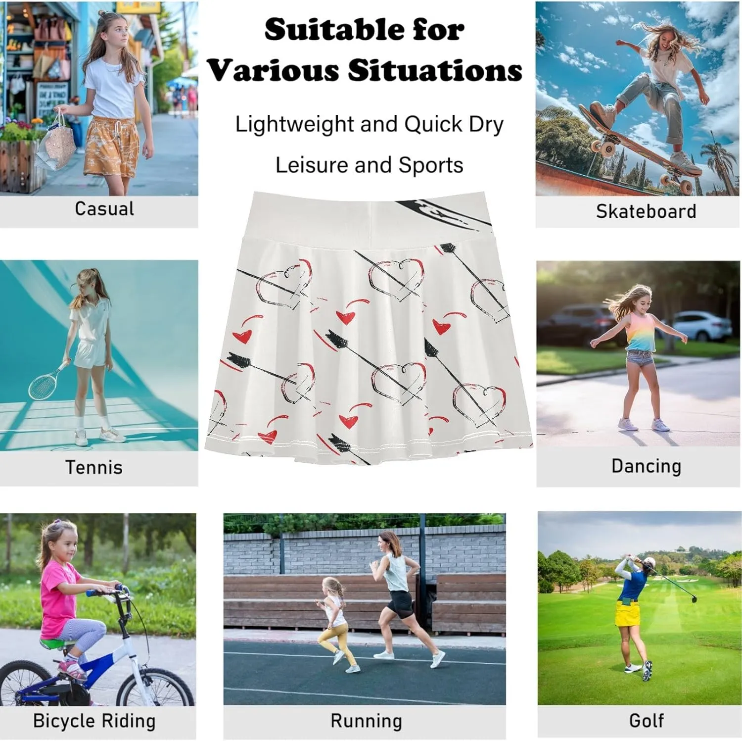 visesunny Girl's Golf Skirt Athletic Minimalist Love Arrow Tennis Skort Sport Activewear with Double Layer Pockets