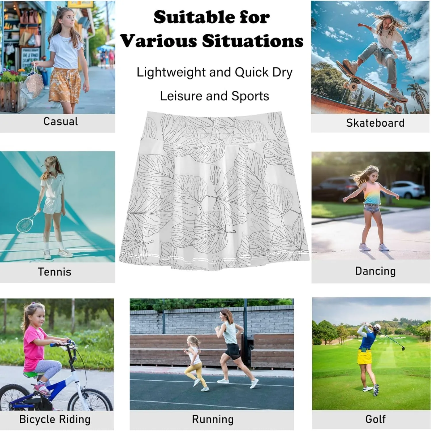 visesunny Girl's Golf Skirt Athletic Pencil Leaf Vein Tennis Skort Sport Activewear with Double Layer Pockets