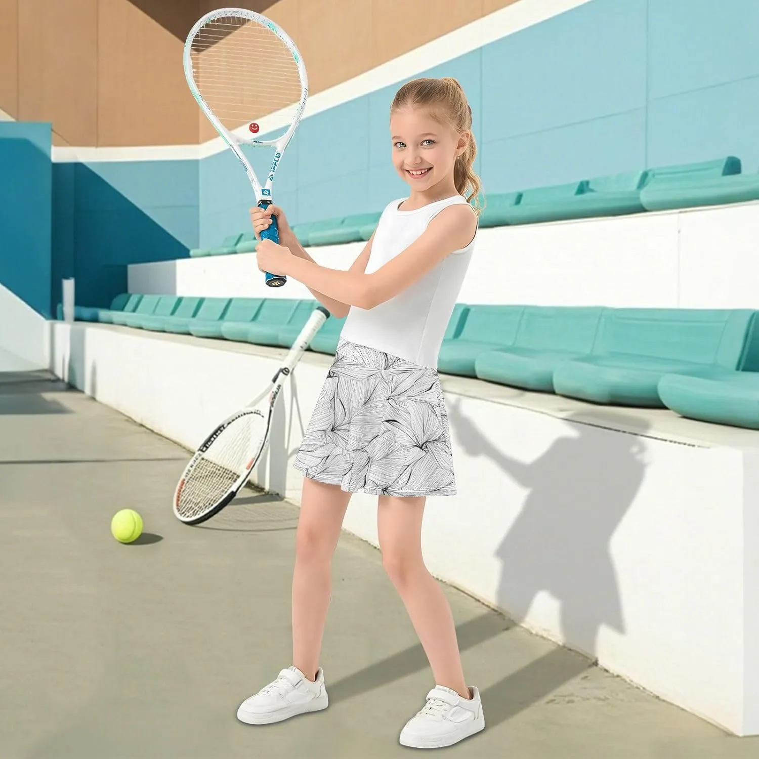 visesunny Girl's Golf Skirt Athletic Sketch Leaf Vein Tennis Skort Sport Activewear with Double Layer Pockets