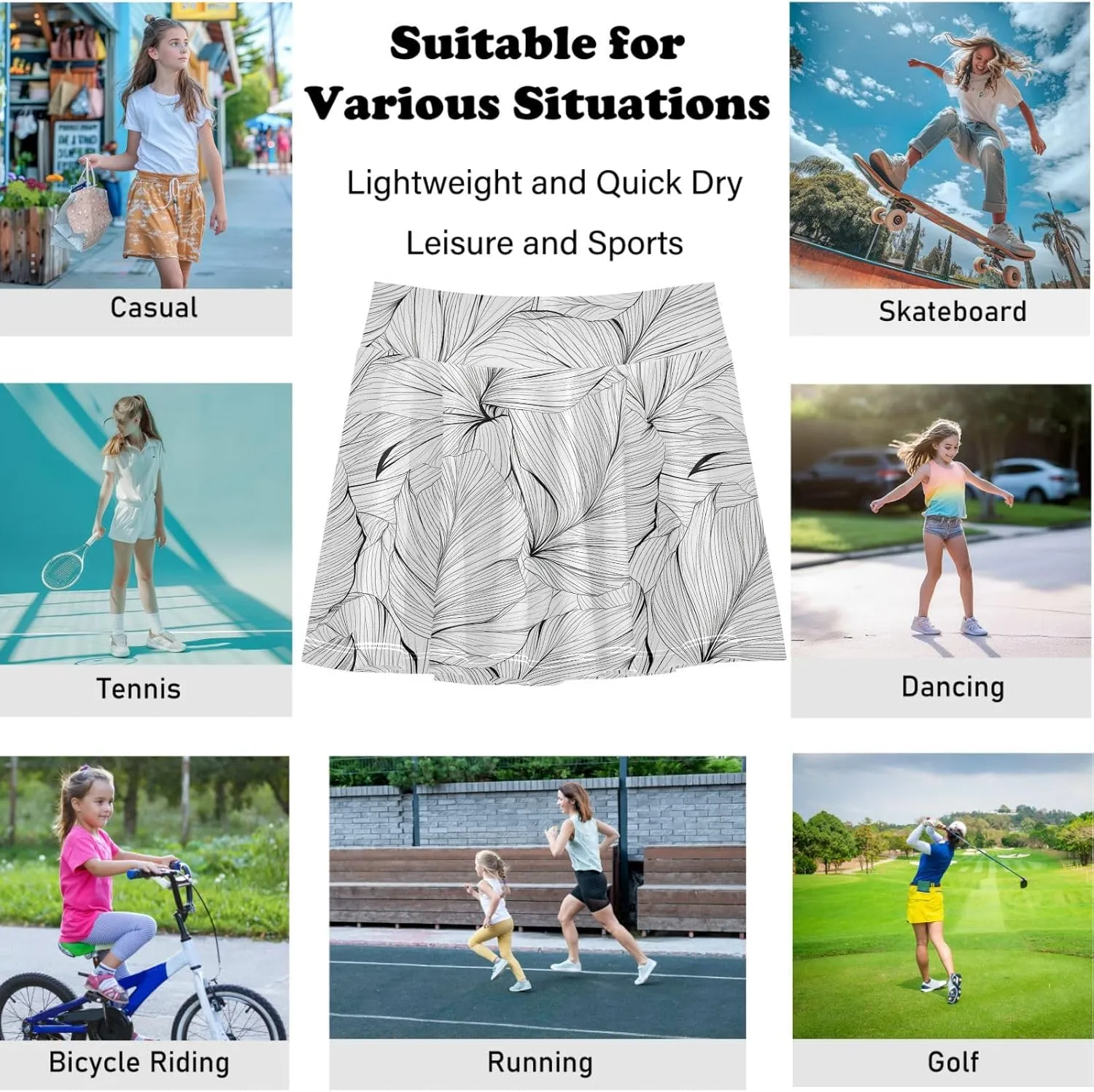 visesunny Girl's Golf Skirt Athletic Sketch Leaf Vein Tennis Skort Sport Activewear with Double Layer Pockets