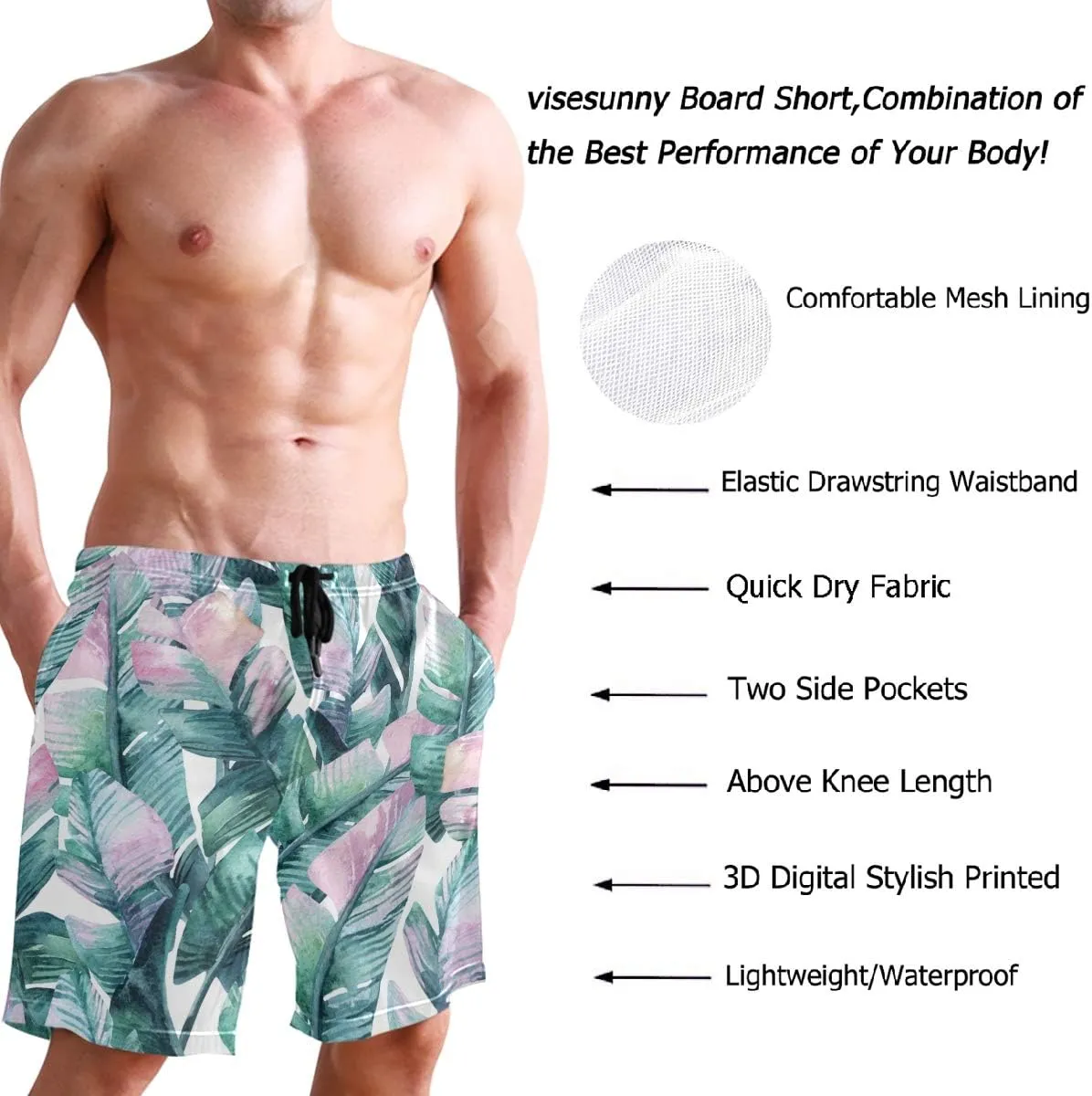 visesunny Stylish Mens Swim Trunks Quick Dry Beachwear Sports Swim Board Shorts Holiday Party Bathing Suits