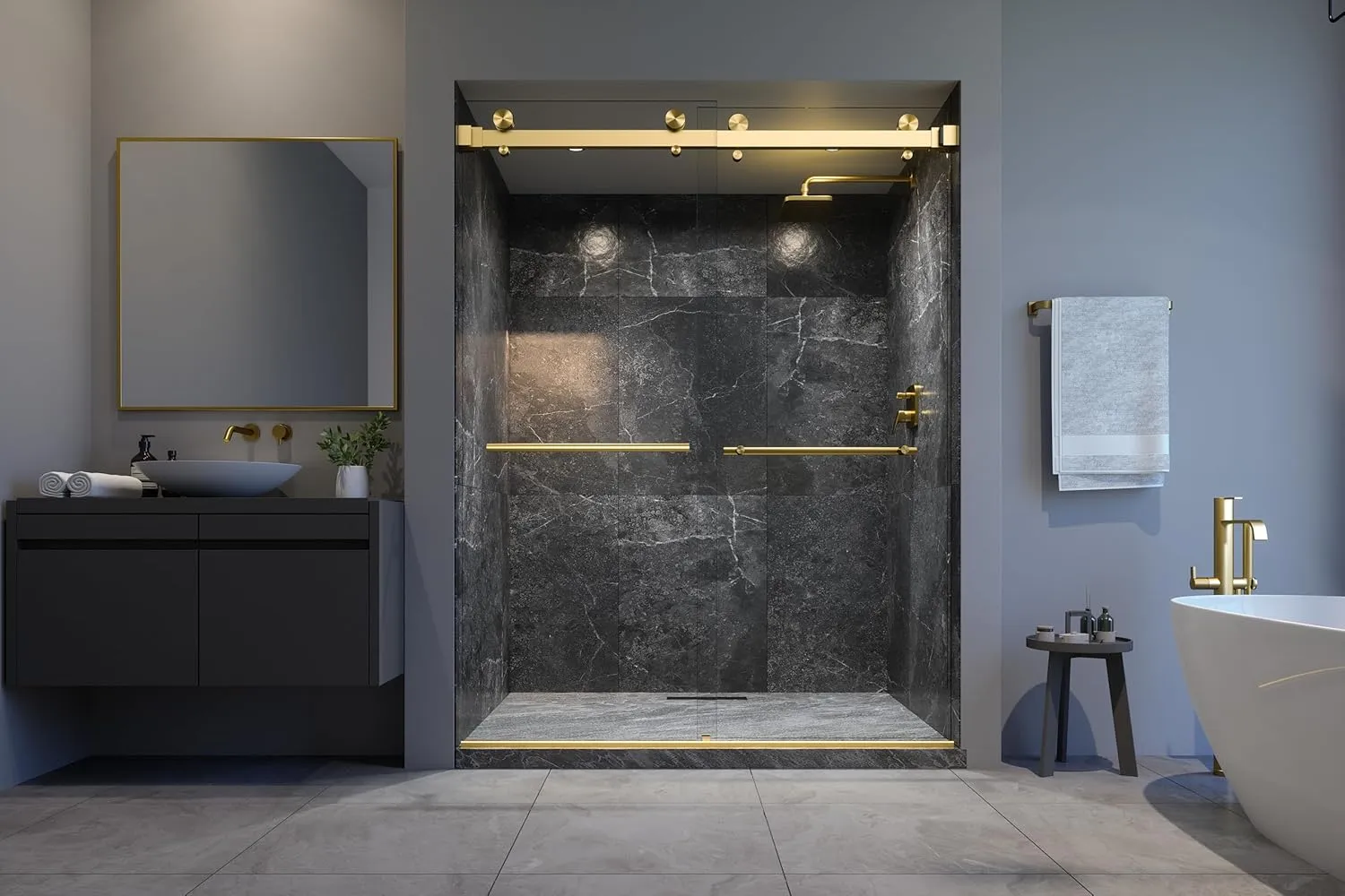 VITRA-200 56.5-60" W x 78" H Frameless Shower Door, Double Sliding with 3/8" Clear Tempered Glass (Satin Brass - Double Towel Bars)