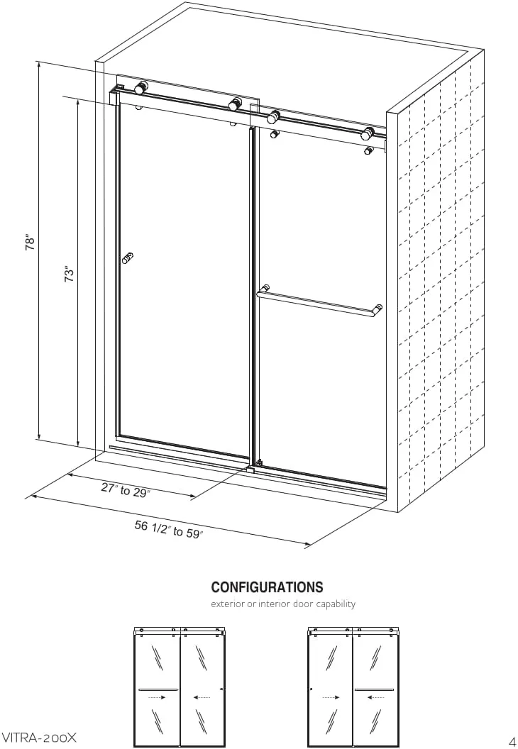 VITRA-200 56.5-60" W x 78" H Frameless Shower Door, Double Sliding with 3/8" Clear Tempered Glass (Satin Brass - Double Towel Bars)