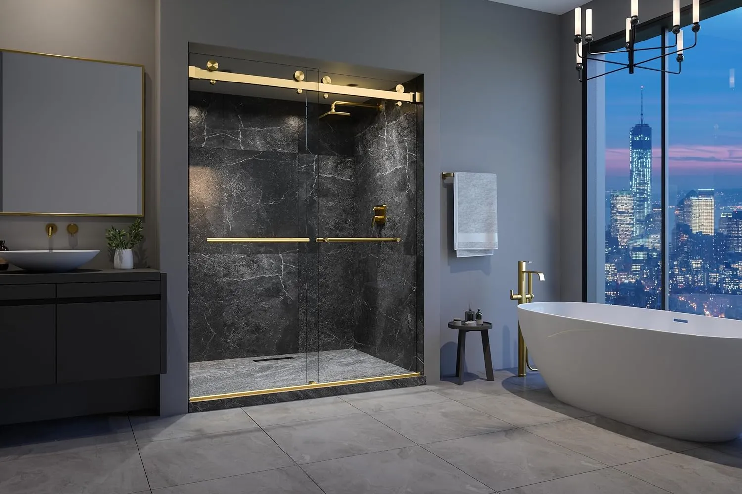 VITRA-200 56.5-60" W x 78" H Frameless Shower Door, Double Sliding with 3/8" Clear Tempered Glass (Satin Brass - Double Towel Bars)