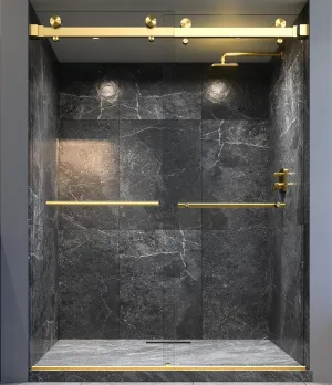 VITRA-200 56.5-60" W x 78" H Frameless Shower Door, Double Sliding with 3/8" Clear Tempered Glass (Satin Brass - Double Towel Bars)