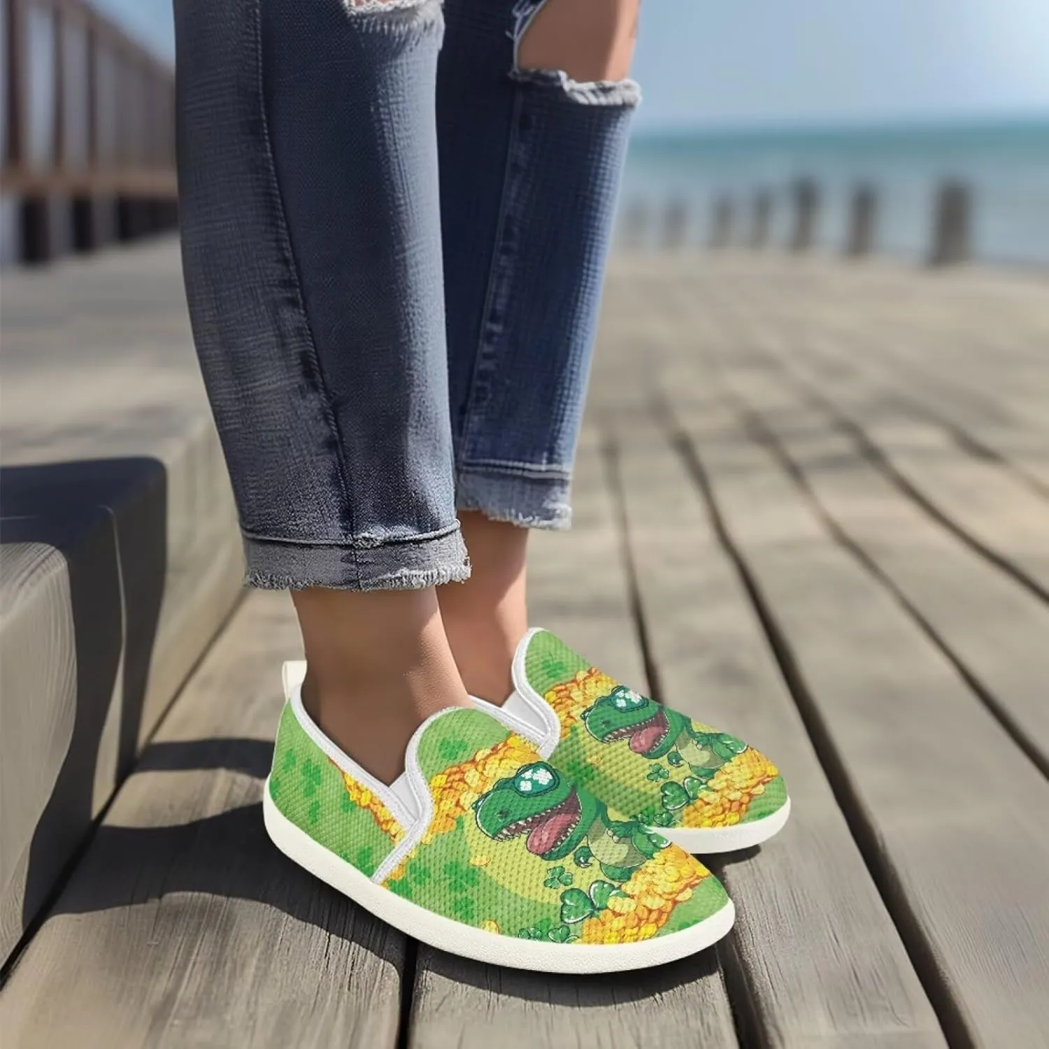 Walking Shoes Slip On Stylish Sneakers Casual Flat Mesh Comfort Loafers Workout Running Green Shamrocks Theme Patrick‘s Holiday