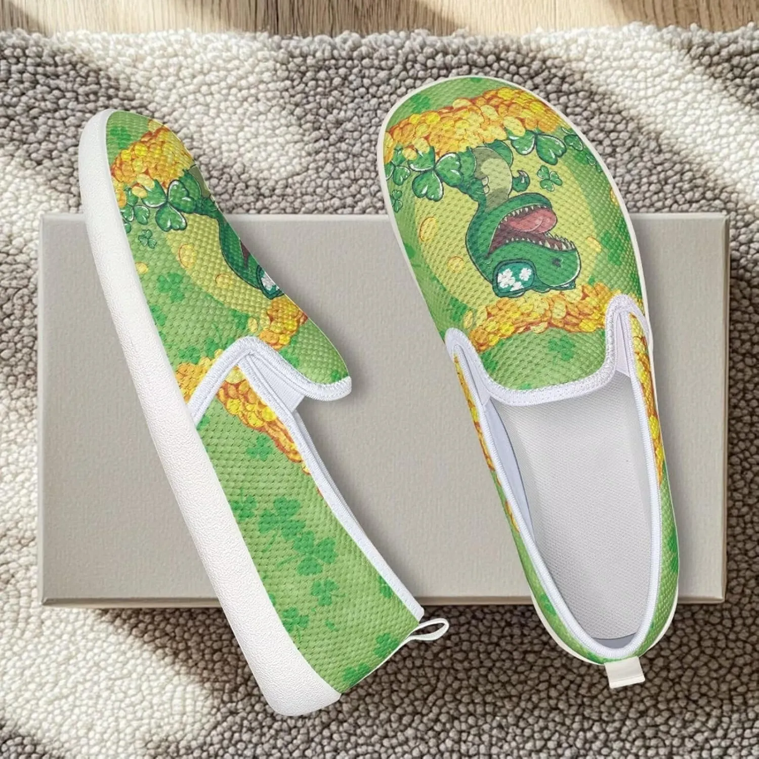 Walking Shoes Slip On Stylish Sneakers Casual Flat Mesh Comfort Loafers Workout Running Green Shamrocks Theme Patrick‘s Holiday