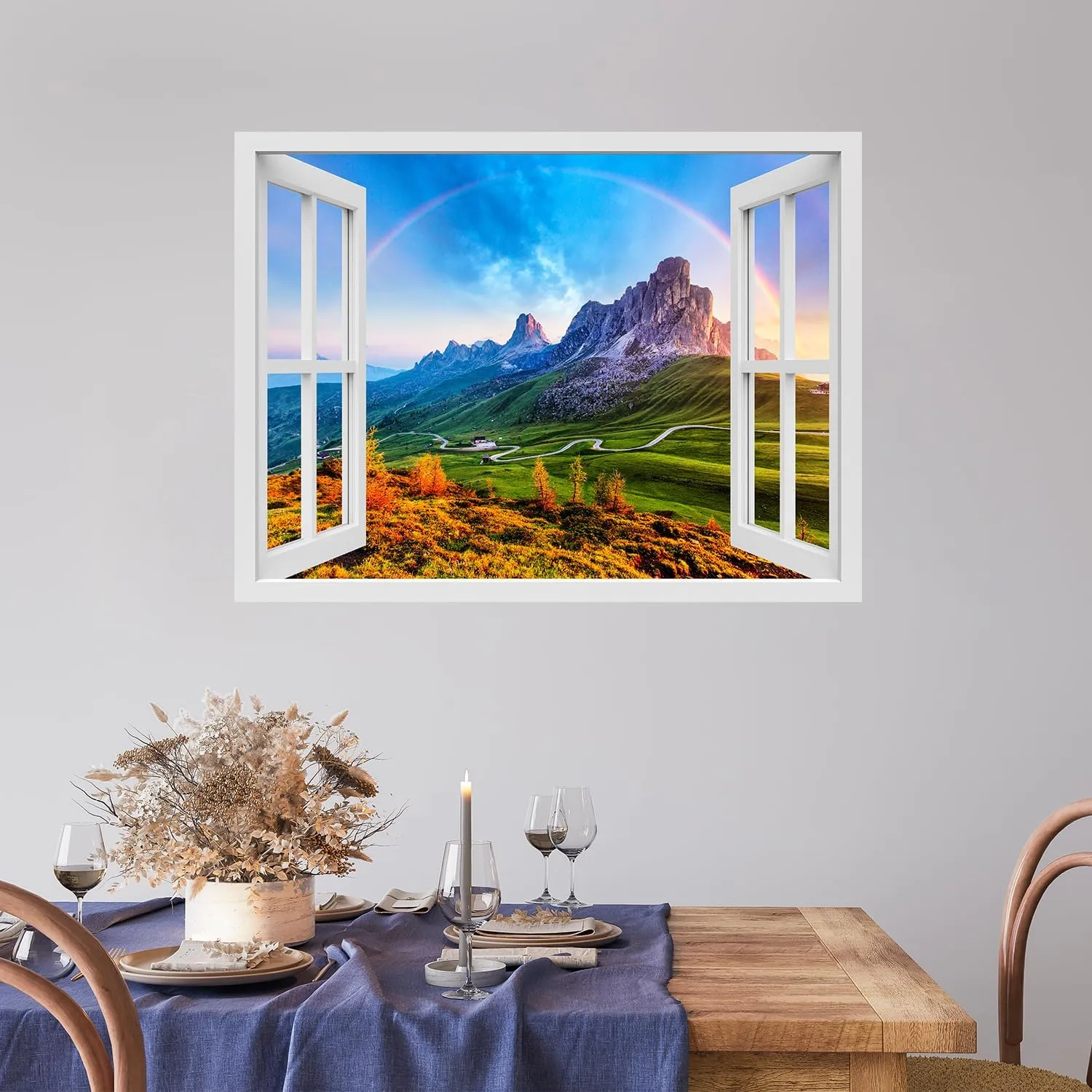 wall26 Removable Wall Sticker/Wall Mural Window View Vibrant Rainbow Mountain Range Valley Wilderness Nature Photography Realism Landscape Colorful for Living Room, Bedroom, Office - 36"x48"