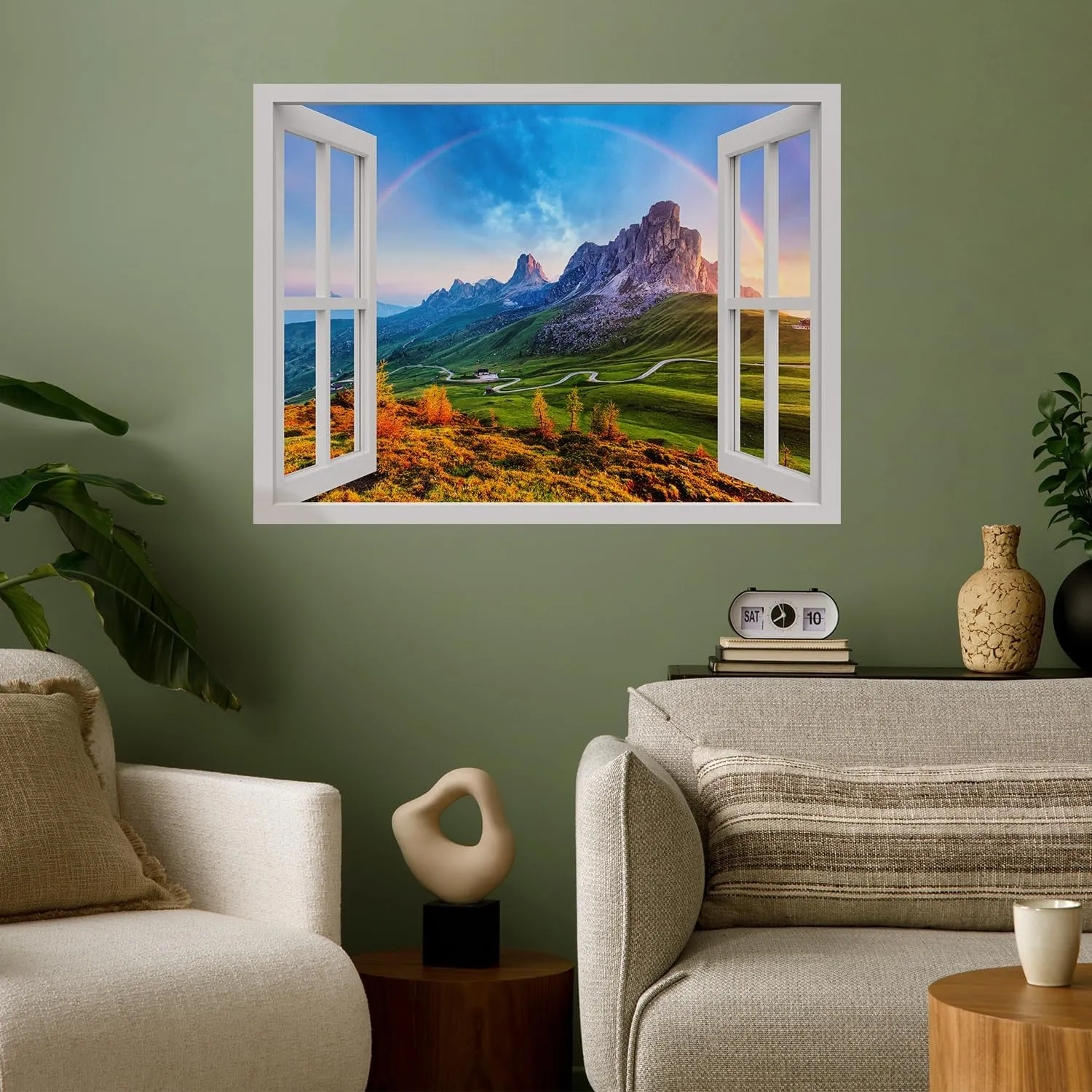 wall26 Removable Wall Sticker/Wall Mural Window View Vibrant Rainbow Mountain Range Valley Wilderness Nature Photography Realism Landscape Colorful for Living Room, Bedroom, Office - 36"x48"