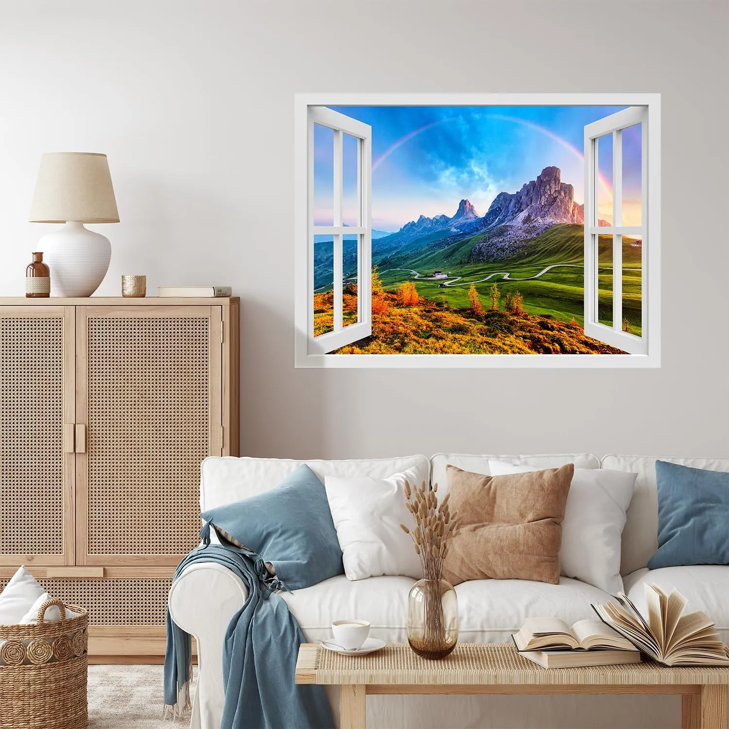 wall26 Removable Wall Sticker/Wall Mural Window View Vibrant Rainbow Mountain Range Valley Wilderness Nature Photography Realism Landscape Colorful for Living Room, Bedroom, Office - 36"x48"