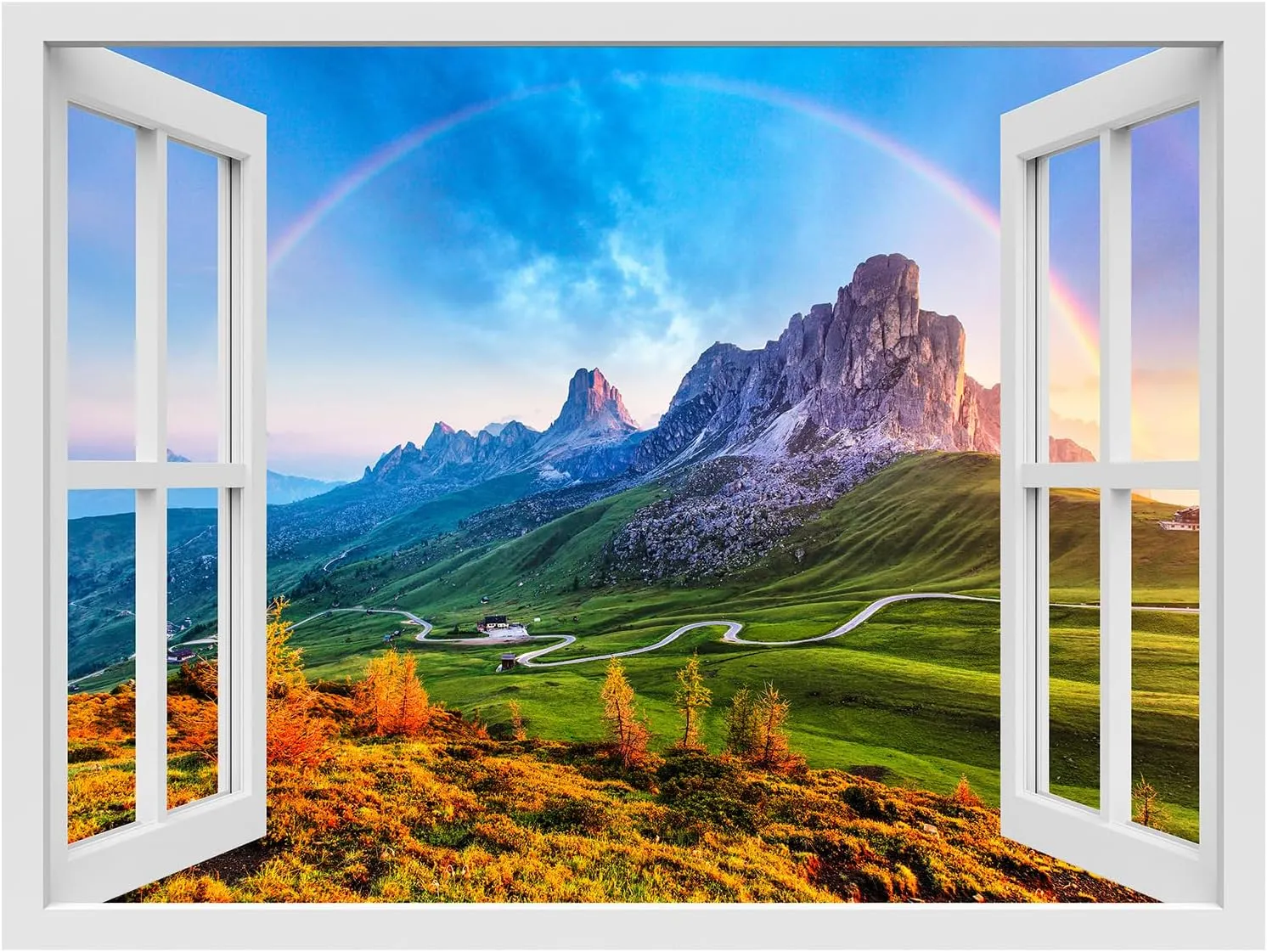 wall26 Removable Wall Sticker/Wall Mural Window View Vibrant Rainbow Mountain Range Valley Wilderness Nature Photography Realism Landscape Colorful for Living Room, Bedroom, Office - 36"x48"