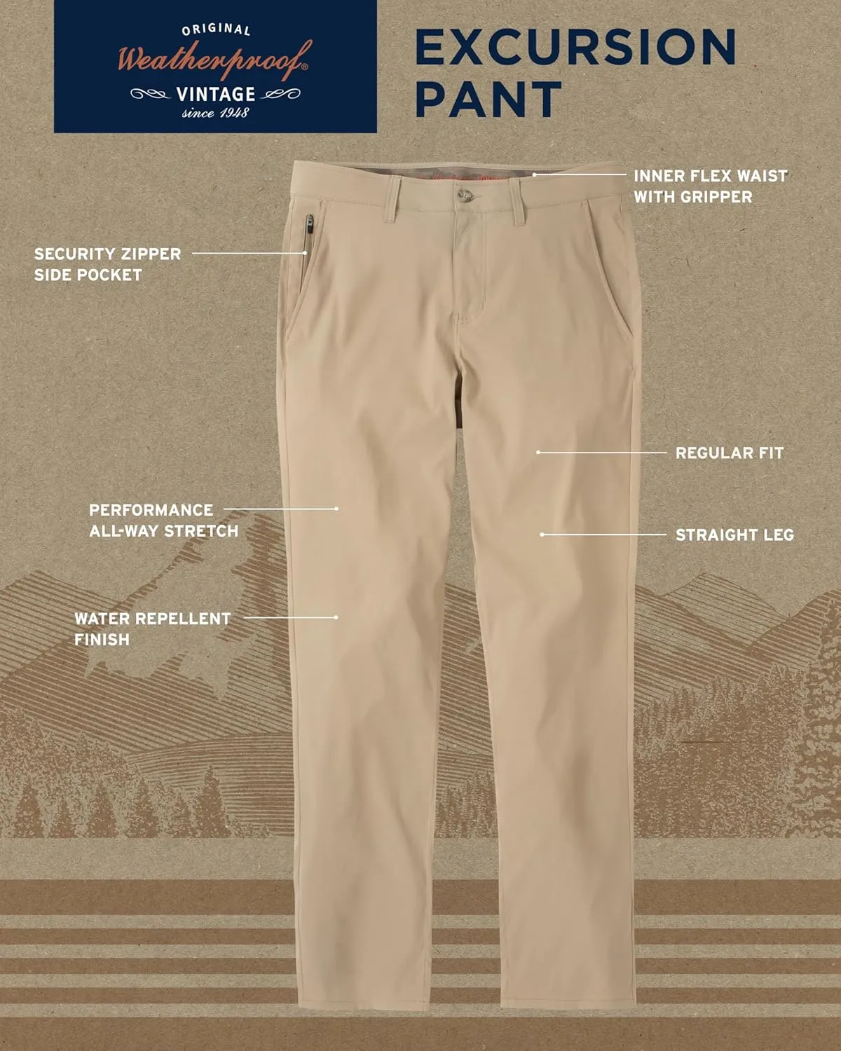 Weatherproof Vintage Men's Regular Fit Excursion Pants - Ultra Stretch Casual Flat Front Chino