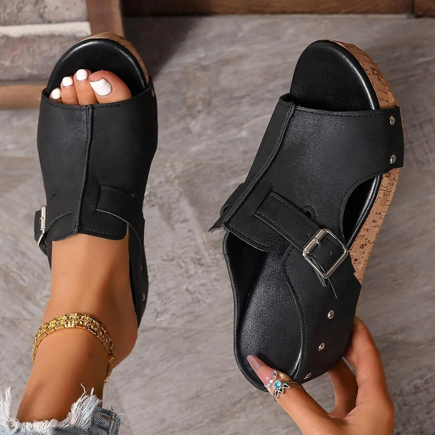 Wedge Sandals Platform Slides for Women Cork Heeled Comfortable Walking Open Toe Slip On Espadrilles Mules Wide Width Wedges Bohemia Womens Sandals for Summer Vacation Beach Casual