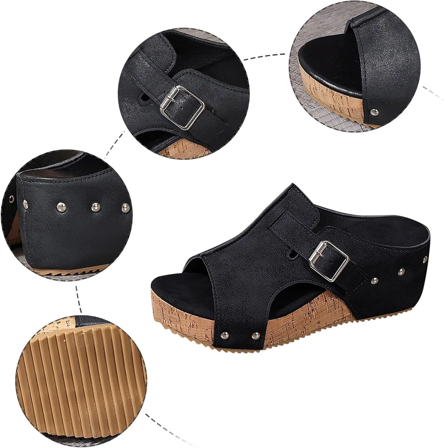 Wedge Sandals Platform Slides for Women Cork Heeled Comfortable Walking Open Toe Slip On Espadrilles Mules Wide Width Wedges Bohemia Womens Sandals for Summer Vacation Beach Casual