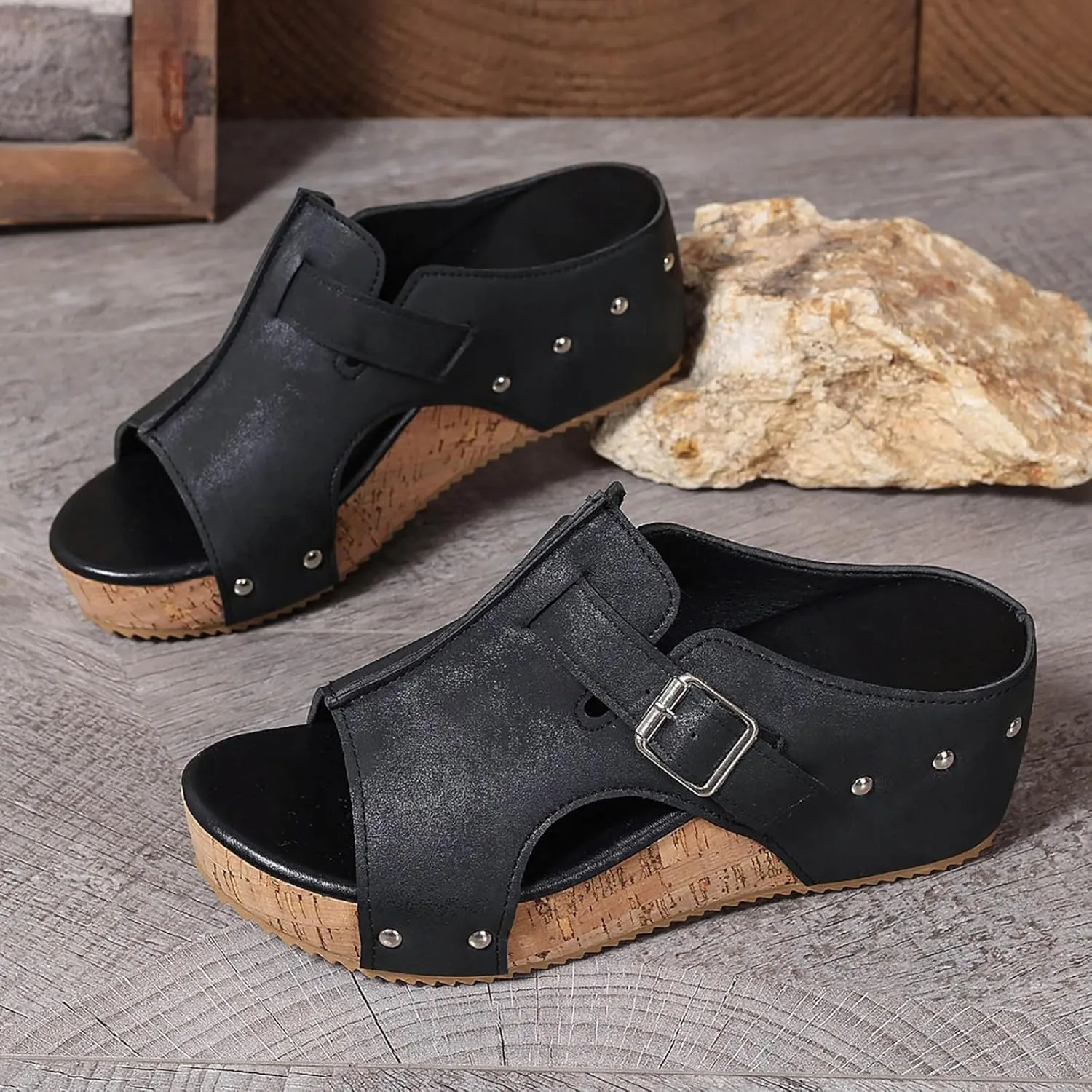 Wedge Sandals Platform Slides for Women Cork Heeled Comfortable Walking Open Toe Slip On Espadrilles Mules Wide Width Wedges Bohemia Womens Sandals for Summer Vacation Beach Casual