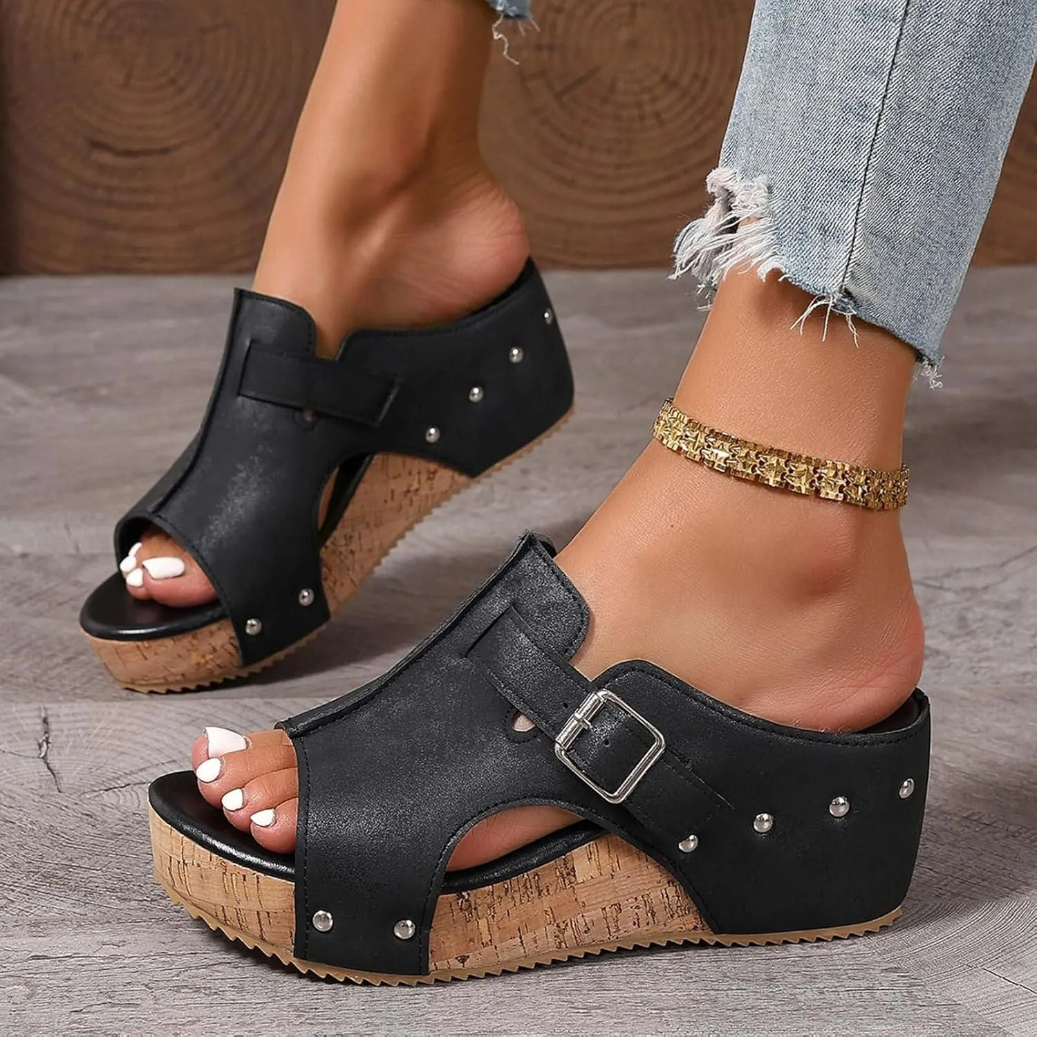 Wedge Sandals Platform Slides for Women Cork Heeled Comfortable Walking Open Toe Slip On Espadrilles Mules Wide Width Wedges Bohemia Womens Sandals for Summer Vacation Beach Casual