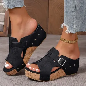 Wedge Sandals Platform Slides for Women Cork Heeled Comfortable Walking Open Toe Slip On Espadrilles Mules Wide Width Wedges Bohemia Womens Sandals for Summer Vacation Beach Casual