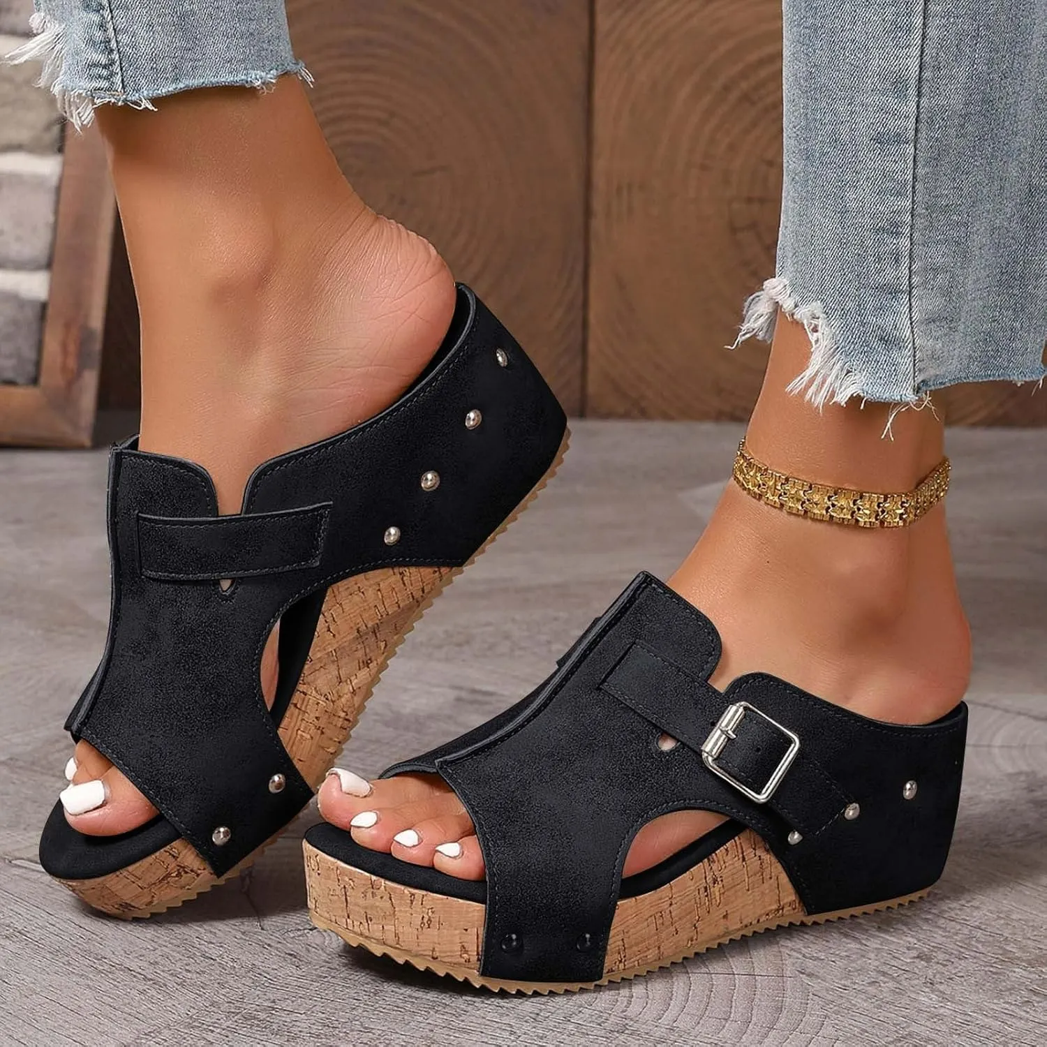 Wedge Sandals Platform Slides for Women Cork Heeled Comfortable Walking Open Toe Slip On Espadrilles Mules Wide Width Wedges Bohemia Womens Sandals for Summer Vacation Beach Casual