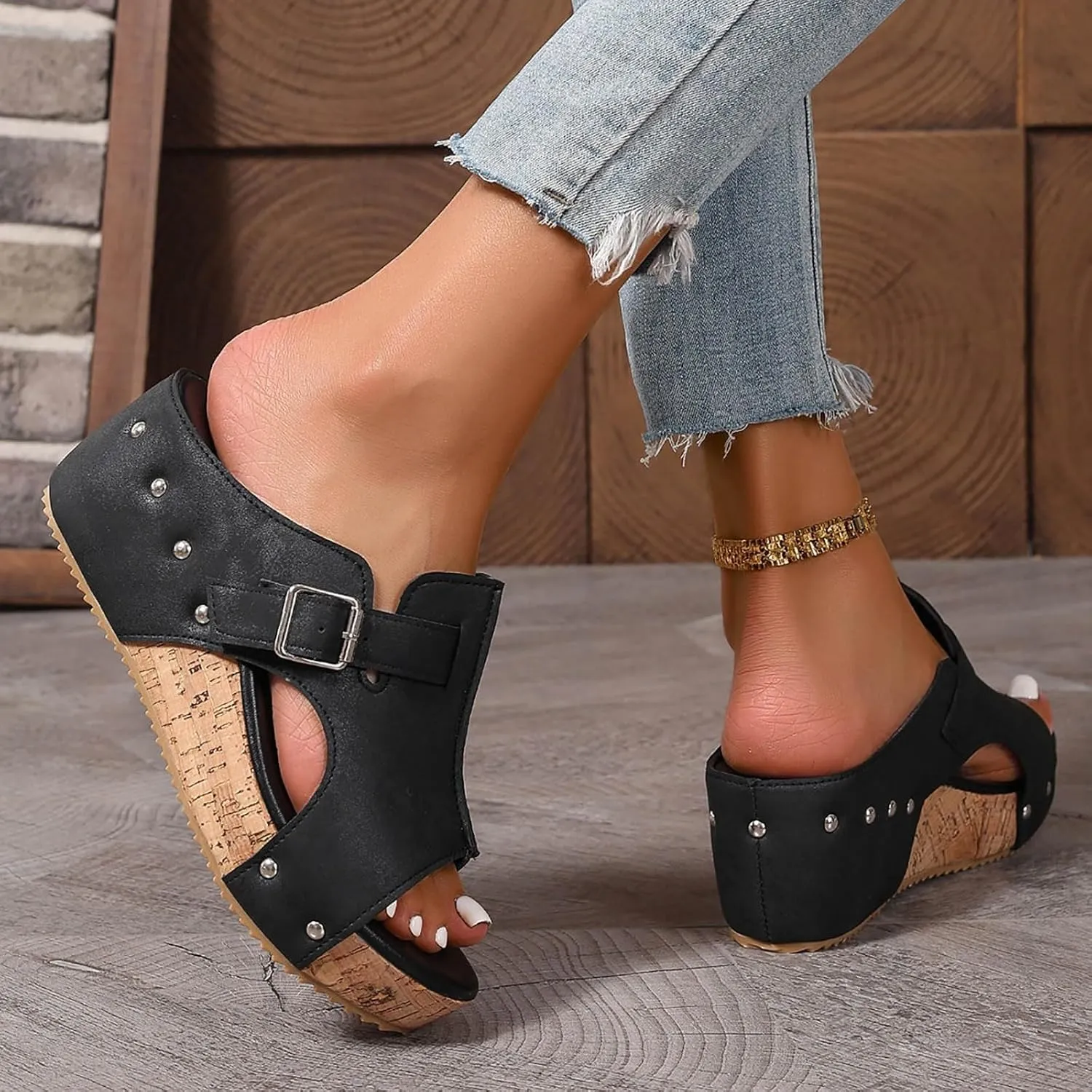 Wedge Sandals Platform Slides for Women Cork Heeled Comfortable Walking Open Toe Slip On Espadrilles Mules Wide Width Wedges Bohemia Womens Sandals for Summer Vacation Beach Casual