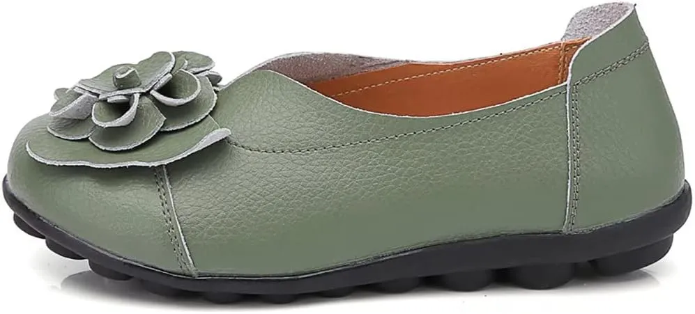 WERWAES Casual Leather Loafers Shoes for Womens Slim Lightweight Soft Sole Flat Moccasins Shoes with Flowers Cowhide Round Toe Slip on Womens Loafer Indoor Outdoor Walking Womens Shoes