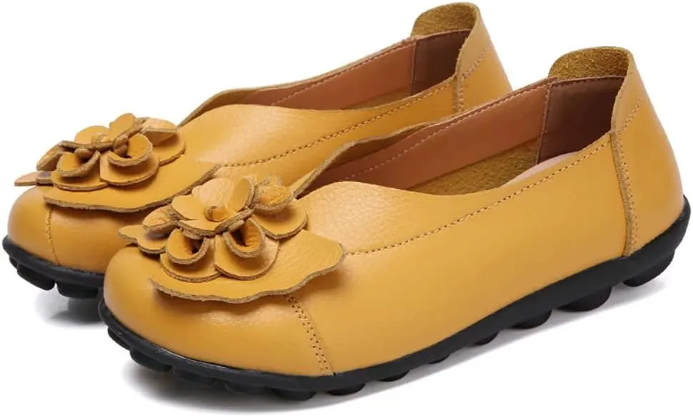 WERWAES Casual Leather Loafers Shoes for Womens Slim Lightweight Soft Sole Flat Moccasins Shoes with Flowers Cowhide Round Toe Slip on Womens Loafer Indoor Outdoor Walking Womens Shoes